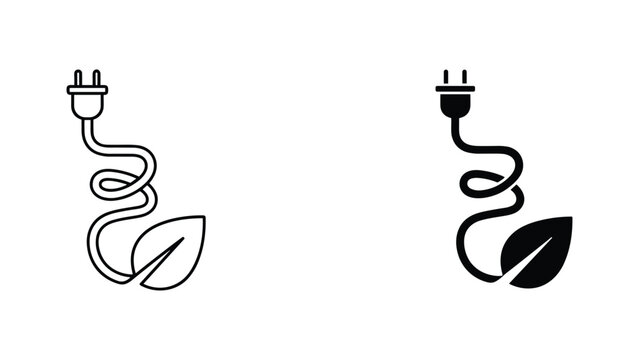 Green energy plug with leaf vector icons in outline and solid styles