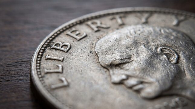 Silver Coins: Traces of Value and History in a Currency"📝 DescriptionClose-up of a silver coin which displays the face of a character on its surface. The metal texture, engravings and details of the 