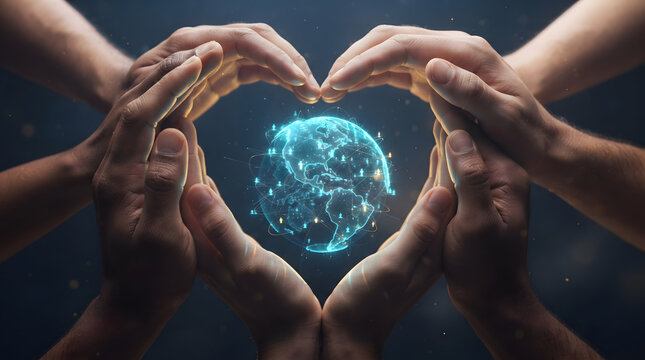Diverse human hands shaping heart symbol around glowing digital planet earth globe hologram on dark background, environmental protection, global unity, and community care concept