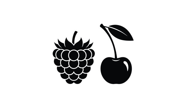 Raspberry and cherry black stencil icons represent delicious fresh organic summer berries on a clean white background.