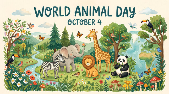 World animal day banner featuring cute watercolor safari animals like elephant giraffe zebra and lion in a lush forest landscape with river to celebrate nature.