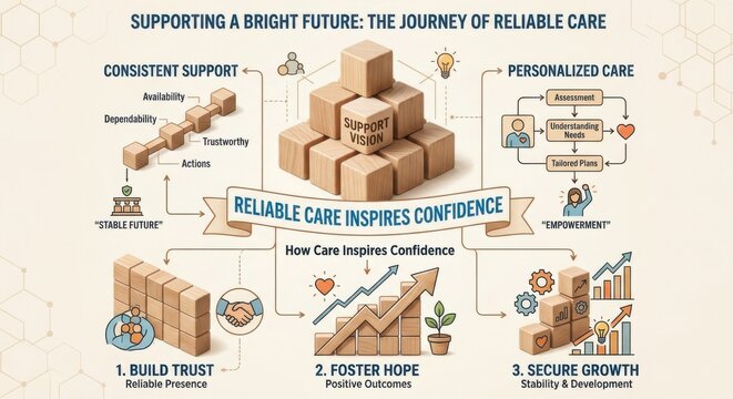 Infographic Diagram of Wooden Cubes Illustrating Reliable Care and Future Support
