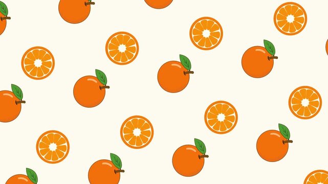 Animated Orange Fruit and Citrus Slice Pattern Moving on Cream Background
