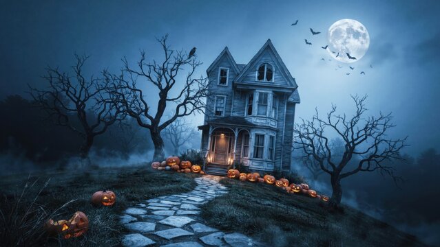Spooky haunted house with glowing jack o lanterns on stone path under full moon for halloween decor.