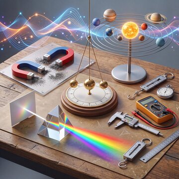 Physics lab equipment and solar system model on wooden desk