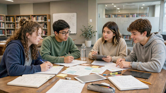 High school study group collaborating on project around library table with books and laptops