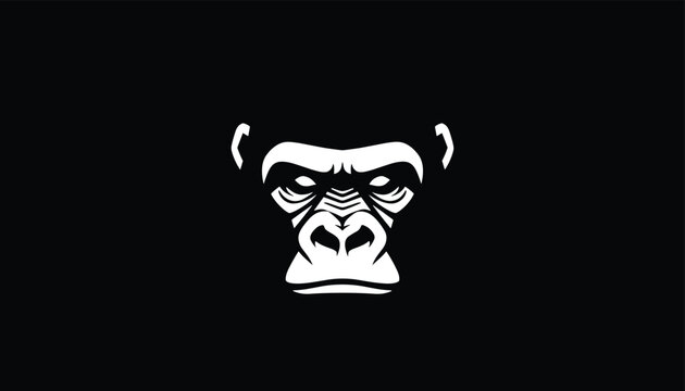 White silhouette of a powerful gorilla head looking straight forward on a solid black background, bold graphic.