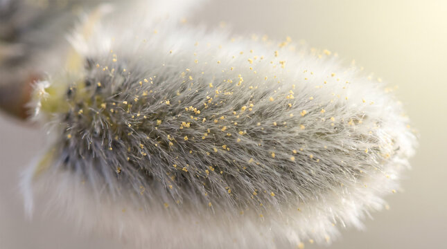 Macro Shot of Soft Pussy Willow Catkin Covered in Yellow Pollen
