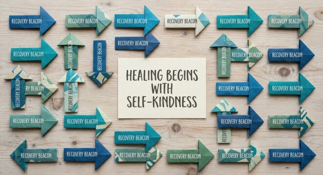 Paper Arrows Pointing Towards Healing Begins With Self-Kindness Message