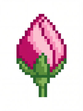 Pixel Art Rosebud Wall Art Print for Digital Floral Decoration Concept