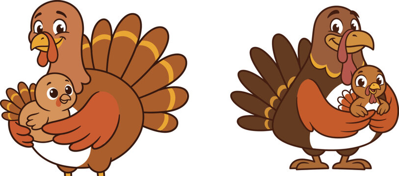 Cute cartoon illustration of a mother turkey bird hugging her small baby poult on white background