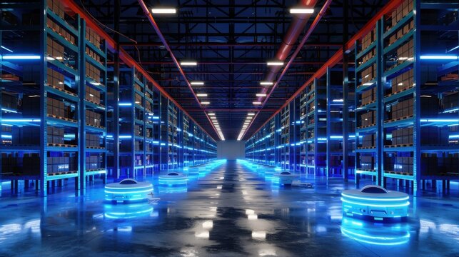 Hightech automated warehouse at night with robotic fleet Canon EOS R5 24mm f8