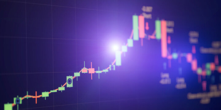 Abstract digital stock market chart with glowing candlestick pattern and bright lens flare.