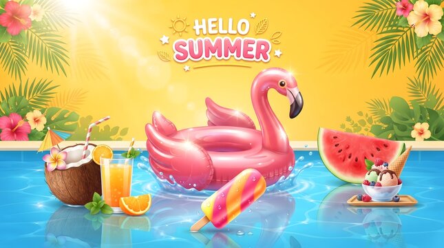 Hello summer poster with flamingo inflatable and tropical drinks