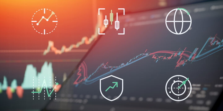 Global financial trading concept with UI investment icons over stock market candlestick charts