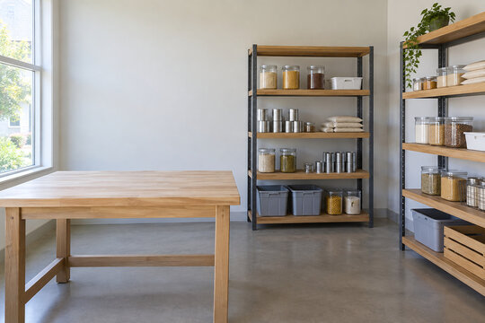 Organized community food pantry with shelves of staple supplies