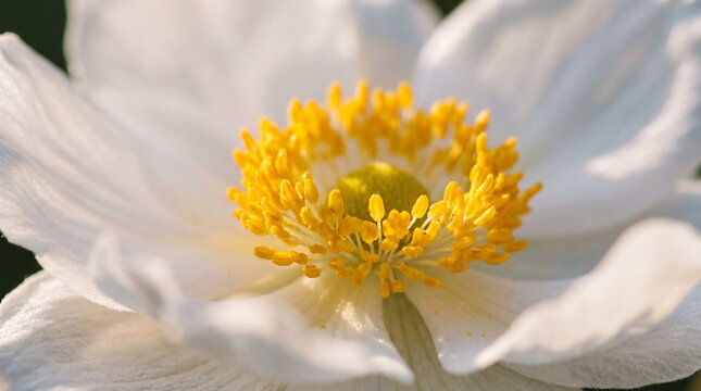 Macro Close Up of White Anemone Flower Center with Golden Yellow Stamens