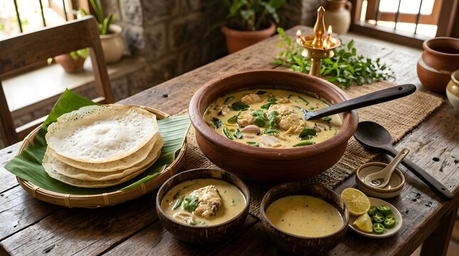 Traditional Fish Curry in Clay Pot served with Rice Pancakes on Banana Leaf and Wood Table