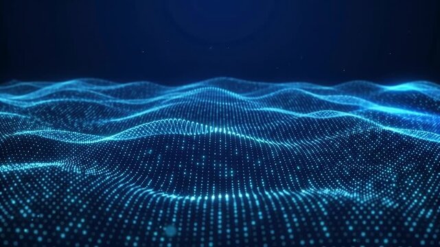 Blue particle waves pulse and flow across a dark background