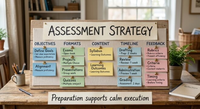 Assessment Strategy Plan Displayed with Organized Cards and Motivational Quote