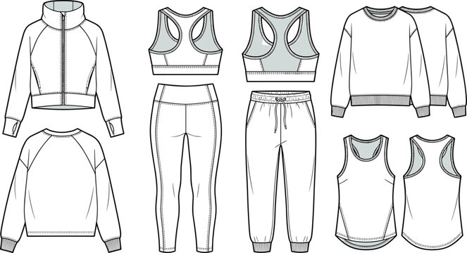 Women Activewear and Sportswear Flat Sketch Vector Template Design Set Featuring Track Jacket, Sweatshirt, Sports Bra, Leggings, Sweatpants, and Tank Top for Tech Packs