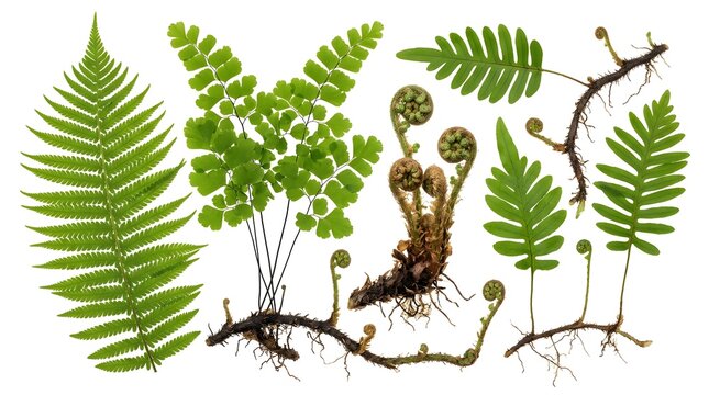 Variety of fern plant parts including fronds fiddleheads and rhizomes isolated on white