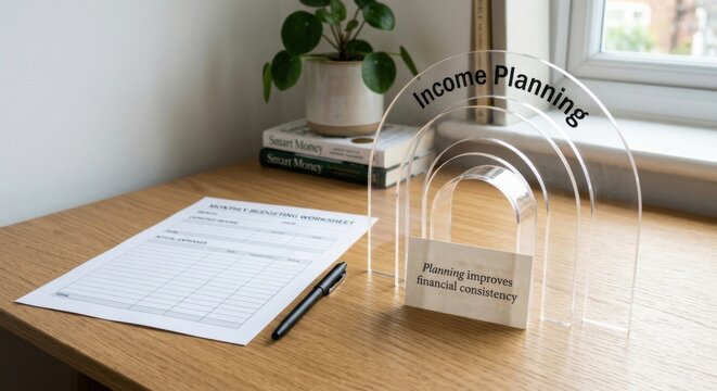 Budgeting Worksheet and Acrylic Income Planning Display on a Wooden Desk