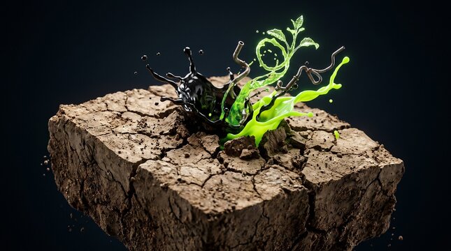 A cracked, dry clod of agricultural topsoil suspended in empty dark space.