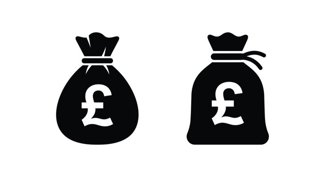 Black silhouette of money bags with pound signs on a white background