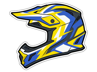 Fototapeta premium Colorful motocross helmet vector sticker illustration with blue and yellow graphic patterns on white background