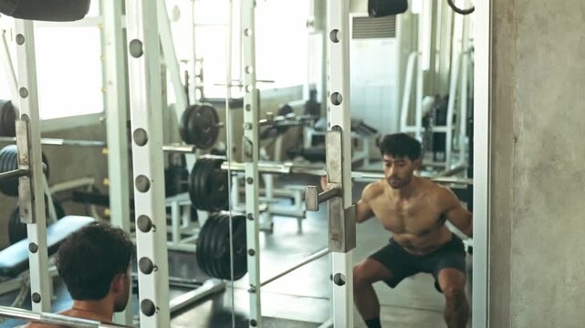 A shirtless man sets up for a barbell back squat in a gym, standing in a squat rack and focusing in the mirror.