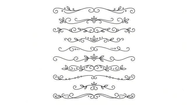 Vintage floral dividers and flourish set containing ornate swashes decorative scrolls elegant lines and botanical leaf accents. Black ink hand-drawn vector elements for stationery design