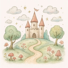 Fototapeta premium Aesthetic Watercolor Fairytale Castle Illustration