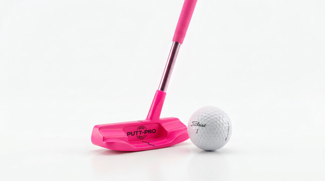 Bright Pink Golf Putter and White Golf Ball Isolated on White Background, Sports Equipment Concept for Ladies Golf and Mini Golf Marketing