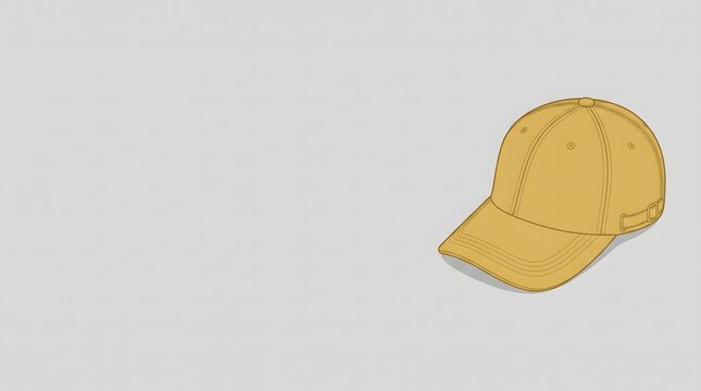 Generative AI flat vector illustration of a casual baseball cap viewed from above, positioned on the right with sharp clean lines, muted mustard yellow and generous central copy space.