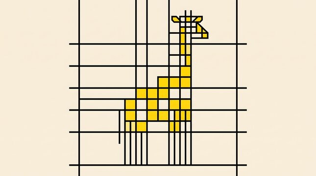 Generative AI flat vector artwork of a long-necked giraffe inspired by De Stijl, constructed with thick black lines and solid primary yellow and cream blocks.