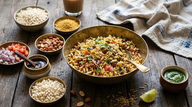 Traditional Indian Bhel Puri snack in a brass bowl with various ingredient bowls