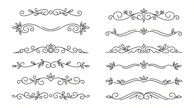 Vintage floral dividers and flourish ornaments collection containing swirl curl leaf vine and border line accents for wedding invitation cards certificates and stationery design