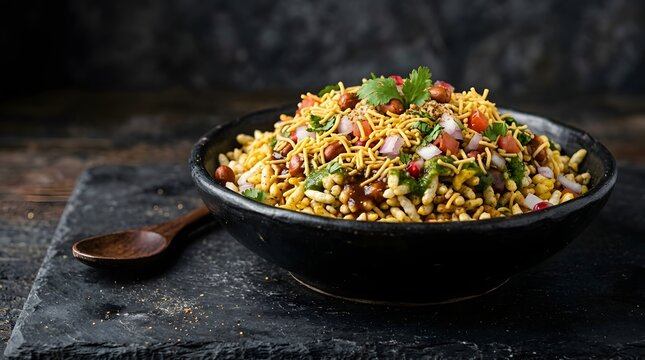 Savory puffed rice snack with vegetables and peanuts in a black ceramic bowl on slate