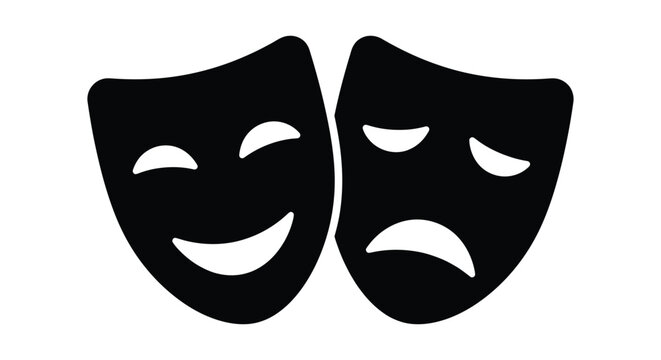 Black and white silhouette of comedy and tragedy theatrical masks against a white background