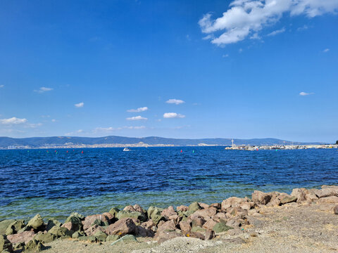 Panoramic view of the Black Sea and rocky coast in Nessebar, Bulgaria
