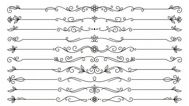 Vintage calligraphic divider and flourish ornament set containing ornate flourishes decorative scrolls floral accents and leafy lines for wedding stationery invitations and typography decoration