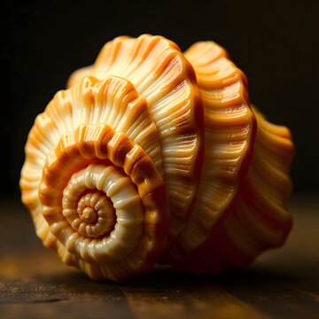 Macro close up of a beautiful golden orange seashell with intricate spiral pattern on dark background