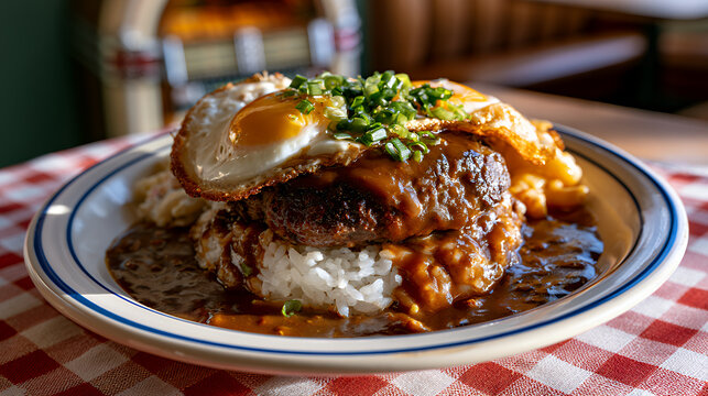 A hearty plate of Loco Moco, featuring a bed of fluffy white rice topped with a juicy beef patty, a golden-fried egg, and smothered in rich brown gravy, garnished with fresh green onions