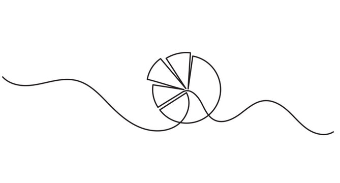 Pie chart continuous line art, single line data analysis graph, editable stroke minimal outline vector illustration.