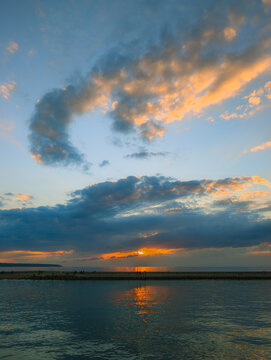 Sunset at the Harbor Entrance in Rostock-Warnem&uuml;nde (Germany)
