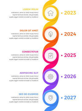 Five step timeline infographic template with vertical circles and a curved connecting line. 5 steps business process flow chart or roadmap diagram. Vector template