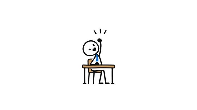 Animated stick figure character sitting at a school desk and raising a hand, illustrating education, asking questions, learning, and participation.