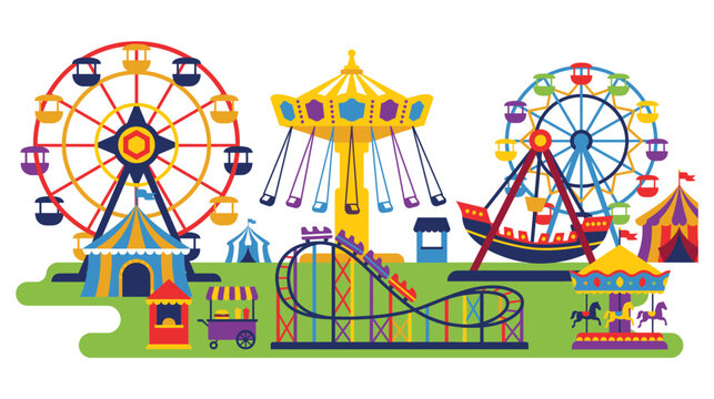 Amusement park flat vector elements depicting fun fair attractions.