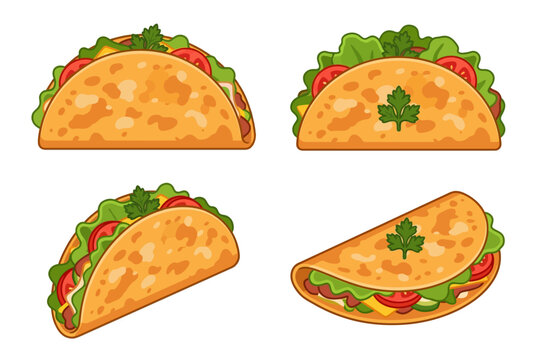 A collection of four delicious taco featuring fresh lettuce, tomatoes, and cilantro on white background